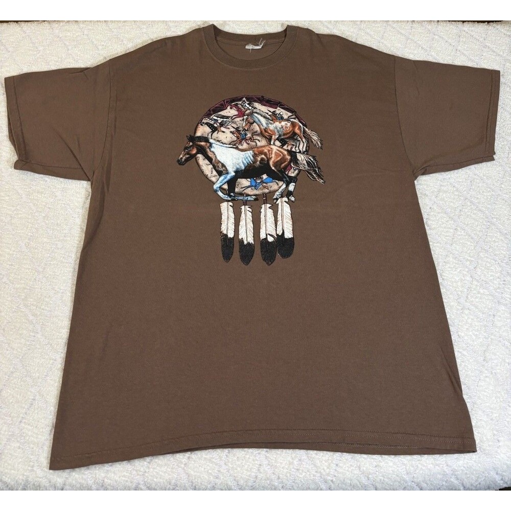 Vintage Native American Warriors Horse Riding Dream catcher Graphic Brown Tee L - Picture 2 of 9